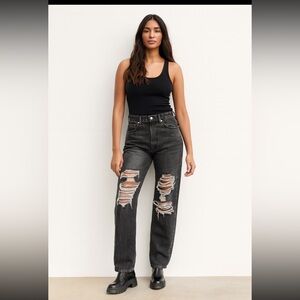 Zara Black Distressed Straight Leg Jeans